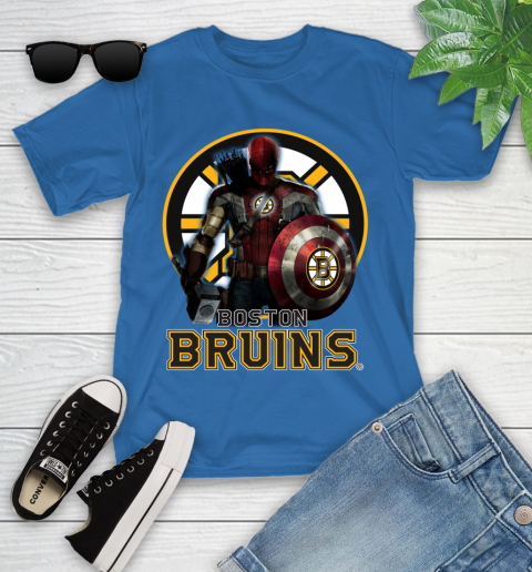 NHL Captain America Thor Spider Man Hawkeye Avengers Endgame Hockey Boston Bruins Youth T-Shirt 9