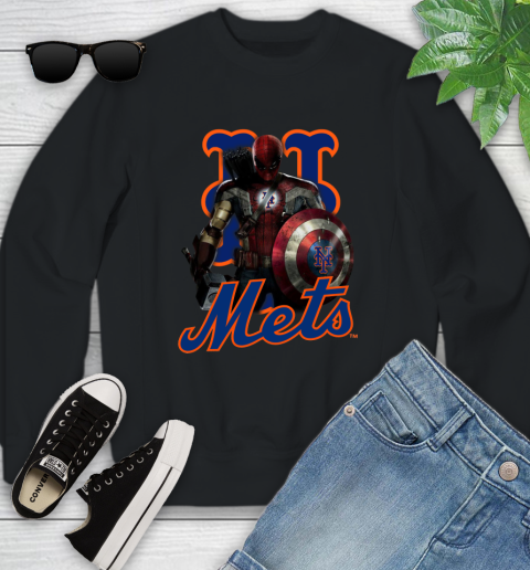 MLB Captain America Thor Spider Man Hawkeye Avengers Endgame Baseball New York Mets Youth Sweatshirt 2