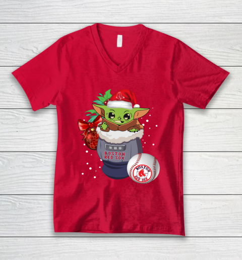 Boston Red Sox Christmas Baby Yoda Star Wars Funny Happy MLB V-Neck T-Shirt 7