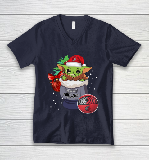 Portland Trail Blazers Christmas Baby Yoda Star Wars Funny Happy NBA V-Neck T-Shirt 3
