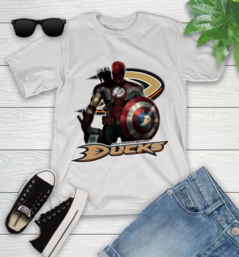 NHL Captain America Thor Spider Man Hawkeye Avengers Endgame Hockey Anaheim Ducks Youth T-Shirt