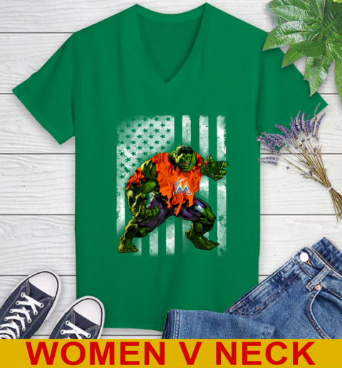 Miami Marlins Hulk Marvel Avengers MLB Baseball American Flag Women's V-Neck T-Shirt 5