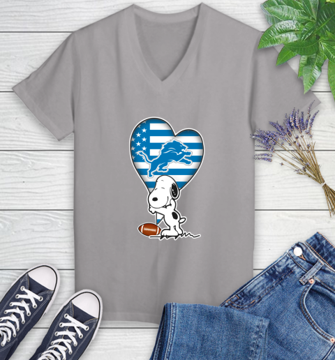 Detroit Lions NFL Football The Peanuts Movie Adorable Snoopy Women's V-Neck T-Shirt 4