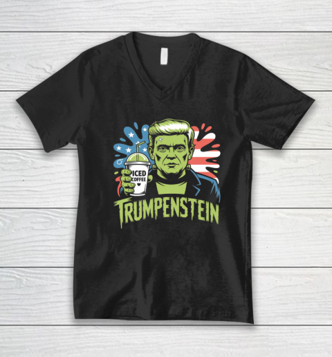 Trumpenstein Funny Iced Coffee Drink Halloween 4th of July USA Flag V-Neck T-Shirt