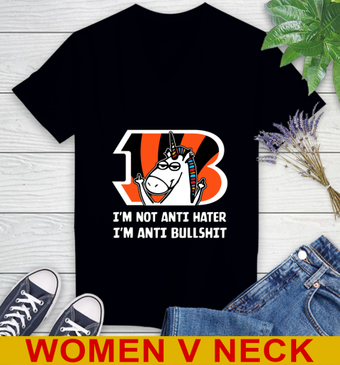 Cincinnati Bengals NFL Football Unicorn I'm Not Anti Hater I'm Anti Bullshit Women's V-Neck T-Shirt 2