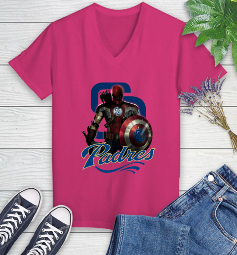 MLB Captain America Thor Spider Man Hawkeye Avengers Endgame Baseball San Diego Padres Women's V-Neck T-Shirt 9