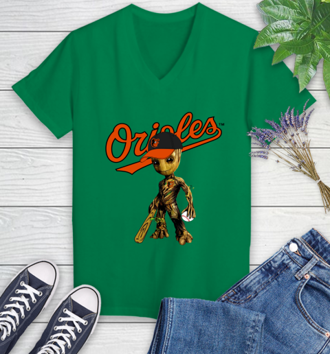 MLB Baltimore Orioles Groot Guardians Of The Galaxy Baseball Women's V-Neck T-Shirt 5