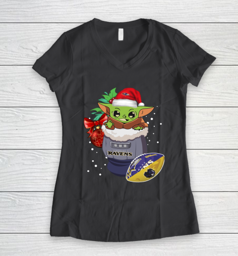 Baltimore Ravens Christmas Baby Yoda Star Wars Funny Happy NFL Women's V-Neck T-Shirt 8
