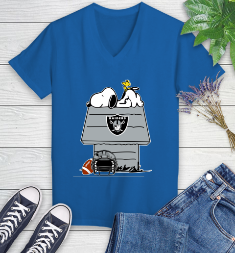 Oakland Raiders NFL Football Snoopy Woodstock The Peanuts Movie Women's V-Neck T-Shirt 10