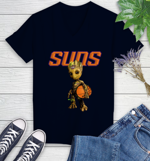Phoenix Suns NBA Basketball Groot Marvel Guardians Of The Galaxy Women's V-Neck T-Shirt 3