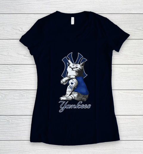 MLB Baseball My Cat Loves New York Yankees Women's V-Neck T-Shirt 2