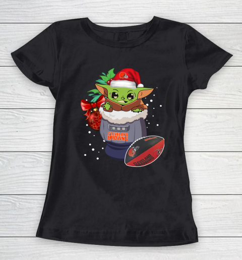 Cleveland Browns Christmas Baby Yoda Star Wars Funny Happy NFL Women's T-Shirt 2