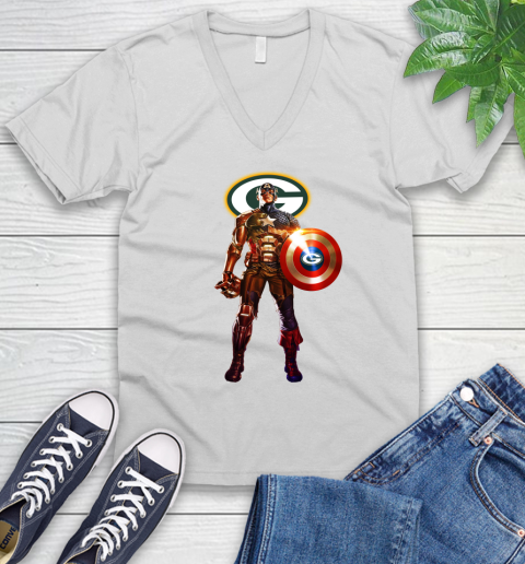 NFL Captain America Marvel Avengers Endgame Football Sports Green Bay Packers V-Neck T-Shirt