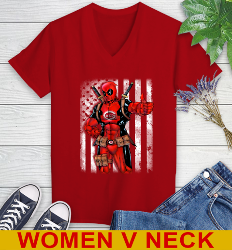 MLB Baseball Cincinnati Reds Deadpool American Flag Shirt Women's V-Neck T-Shirt 11 MLB Baseball Cincinnati Reds Deadpool American Flag Shirt Women's V-Neck T-Shirt - Image 11
