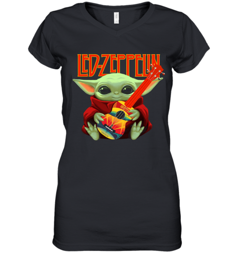 Baby Yoda Hug Led Zeppelin Guitar Women's V-Neck T-Shirt
