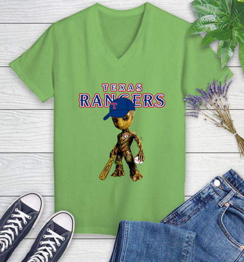MLB Texas Rangers Groot Guardians Of The Galaxy Baseball Women's V-Neck T-Shirt 11