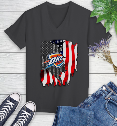Oklahoma City Thunder NBA Basketball American Flag Women's V-Neck T-Shirt 8