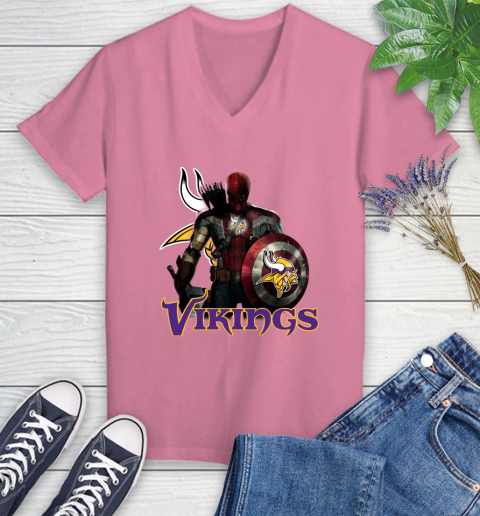 NFL Captain America Thor Spider Man Hawkeye Avengers Endgame Football Minnesota Vikings Women's V-Neck T-Shirt 13