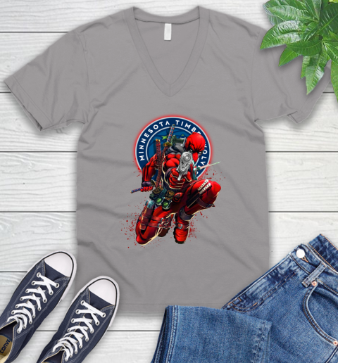 NBA Deadpool Marvel Comics Sports Basketball Minnesota Timberwolves V-Neck T-Shirt 4