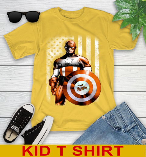 Baltimore Orioles MLB Baseball Captain America Marvel Avengers American Flag Shirt Youth T-Shirt 9