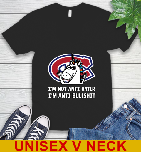 Montreal Canadiens NHL Hockey Unicorn I'm Not Anti Hater I'm Anti Bullshit V-Neck T-Shirt 2