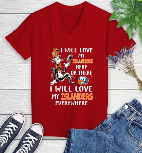 NHL Hockey New York Islanders I Will Love My Islanders Everywhere Dr Seuss Shirt Women's V-Neck T-Shirt 8