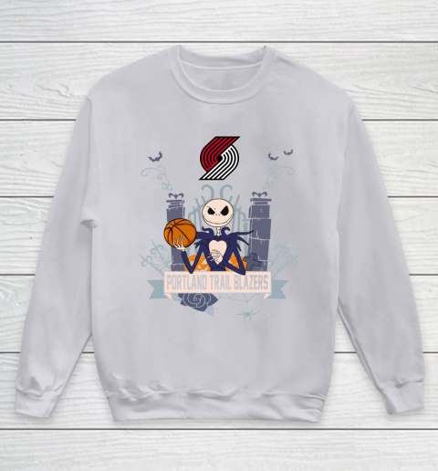 NBA Portland Trail Blazers Basketball Jack Skellington Halloween Youth Sweatshirt 3