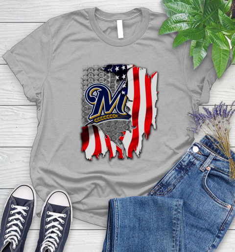 Milwaukee Brewers MLB Baseball American Flag Women's T-Shirt 5