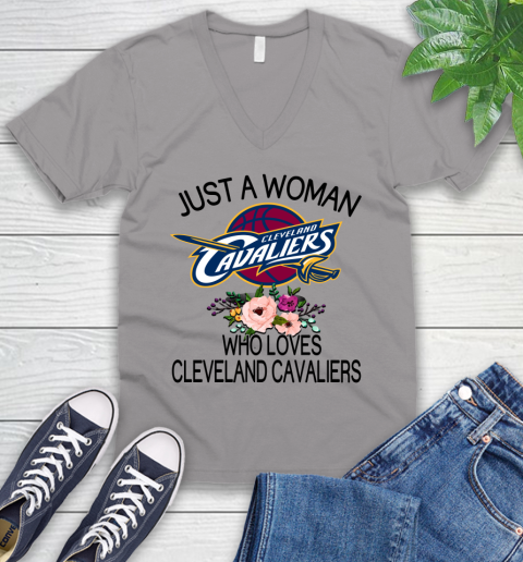 NBA Just A Woman Who Loves Cleveland Cavaliers Basketball Sports V-Neck T-Shirt 2