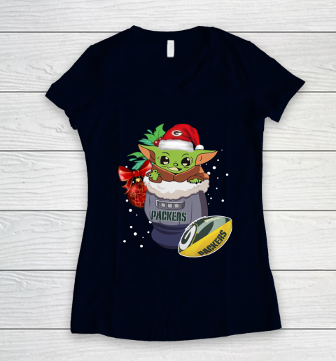 Green Bay Packers Christmas Baby Yoda Star Wars Funny Happy NFL Women's V-Neck T-Shirt 3