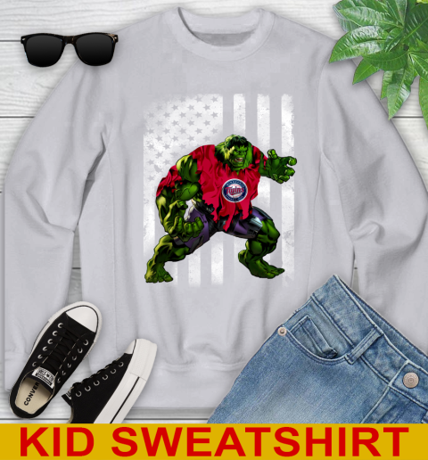 Minnesota Twins Hulk Marvel Avengers MLB Baseball American Flag Youth Sweatshirt 3