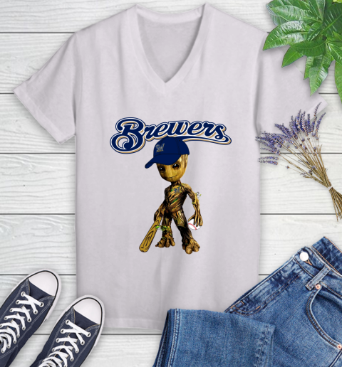 MLB Milwaukee Brewers Groot Guardians Of The Galaxy Baseball Women's V-Neck T-Shirt