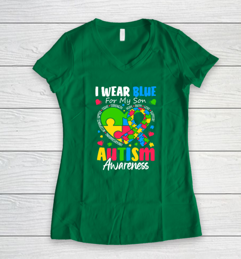 I Wear Blue For My Son Autism Awareness Women's V-Neck T-Shirt 3