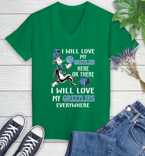 NBA Basketball Memphis Grizzlies I Will Love My Grizzlies Everywhere Dr Seuss Shirt Women's V-Neck T-Shirt 4