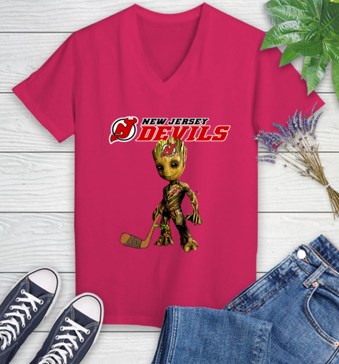 New Jersey Devils NHL Hockey Groot Marvel Guardians Of The Galaxy Women's V-Neck T-Shirt 9