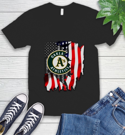 Oakland Athletics MLB Baseball American Flag V-Neck T-Shirt