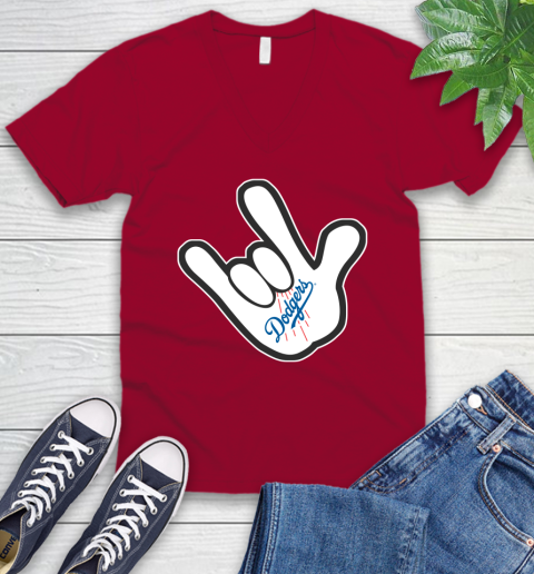 Los Angeles Dodgers MLB Baseball Mickey Rock Hand Disney V-Neck T-Shirt 8