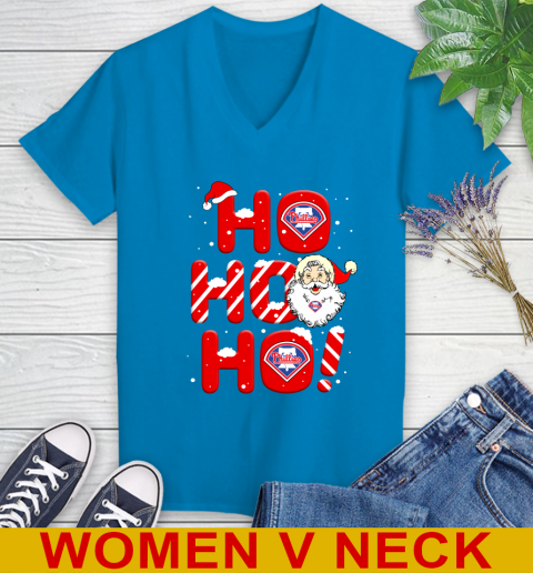 Philadelphia Phillies MLB Baseball Ho Ho Ho Santa Claus Merry Christmas Shirt Women's V-Neck T-Shirt 7