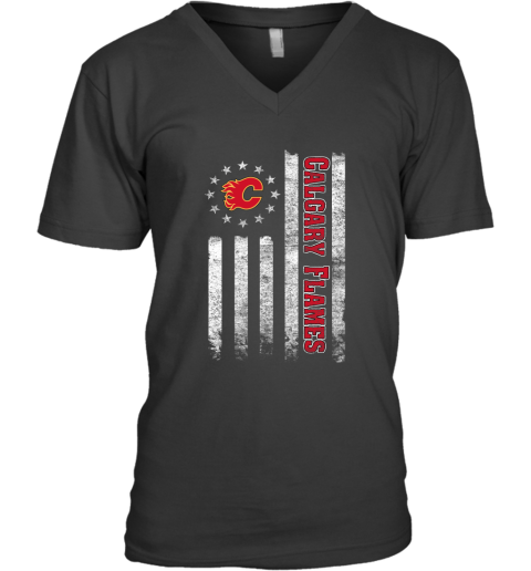 NHL American Flag Hockey Sports Calgary Flames V-Neck T-Shirt