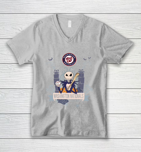MLB Washington Nationals Baseball Jack Skellington Halloween V-Neck T-Shirt 3