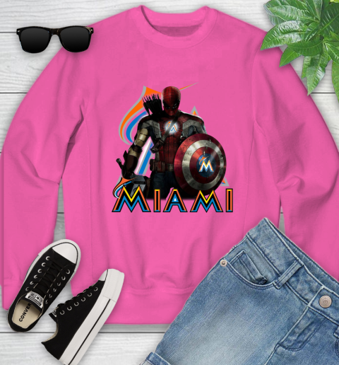 MLB Captain America Thor Spider Man Hawkeye Avengers Endgame Baseball Miami Marlins Youth Sweatshirt 7