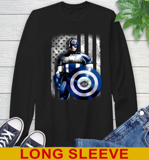 New York Mets MLB Baseball Captain America Marvel Avengers American Flag Shirt Long Sleeve T-Shirt