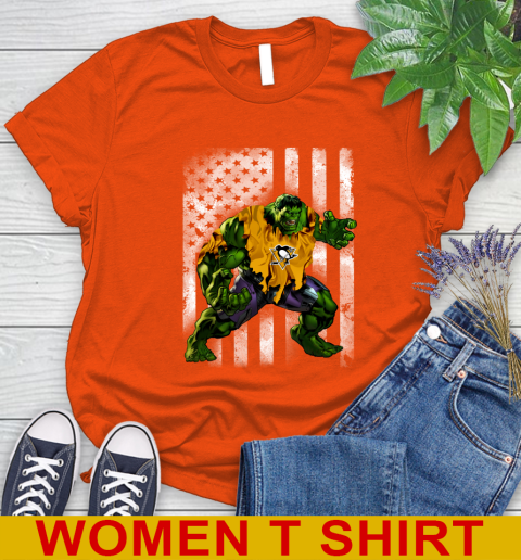 Pittsburgh Penguins Hulk Marvel Avengers NHL Hockey American Flag Women's T-Shirt 3