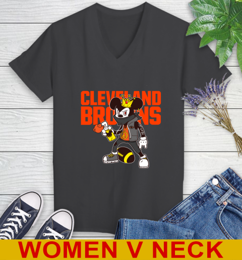 Cleveland Browns NFL Football Mickey Peace Sign Sports Women's V-Neck T-Shirt 9