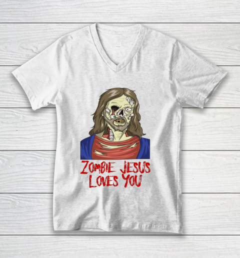 Zombie Jesus Loves You Funny Halloween V-Neck T-Shirt