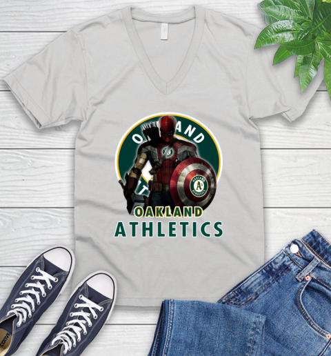 MLB Captain America Thor Spider Man Hawkeye Avengers Endgame Baseball Oakland Athletics V-Neck T-Shirt