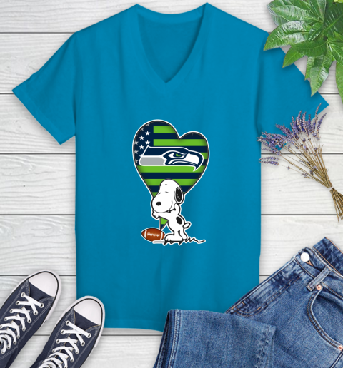 Seattle Seahawks NFL Football The Peanuts Movie Adorable Snoopy Women's V-Neck T-Shirt 7