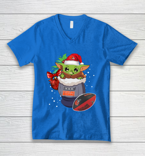 Cleveland Browns Christmas Baby Yoda Star Wars Funny Happy NFL V-Neck T-Shirt 6