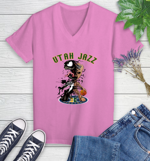 NBA Utah Jazz Basketball Venom Groot Guardians Of The Galaxy Women's V-Neck T-Shirt 14