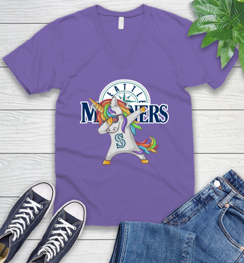 Seattle Mariners MLB Baseball Funny Unicorn Dabbing Sports V-Neck T-Shirt 10